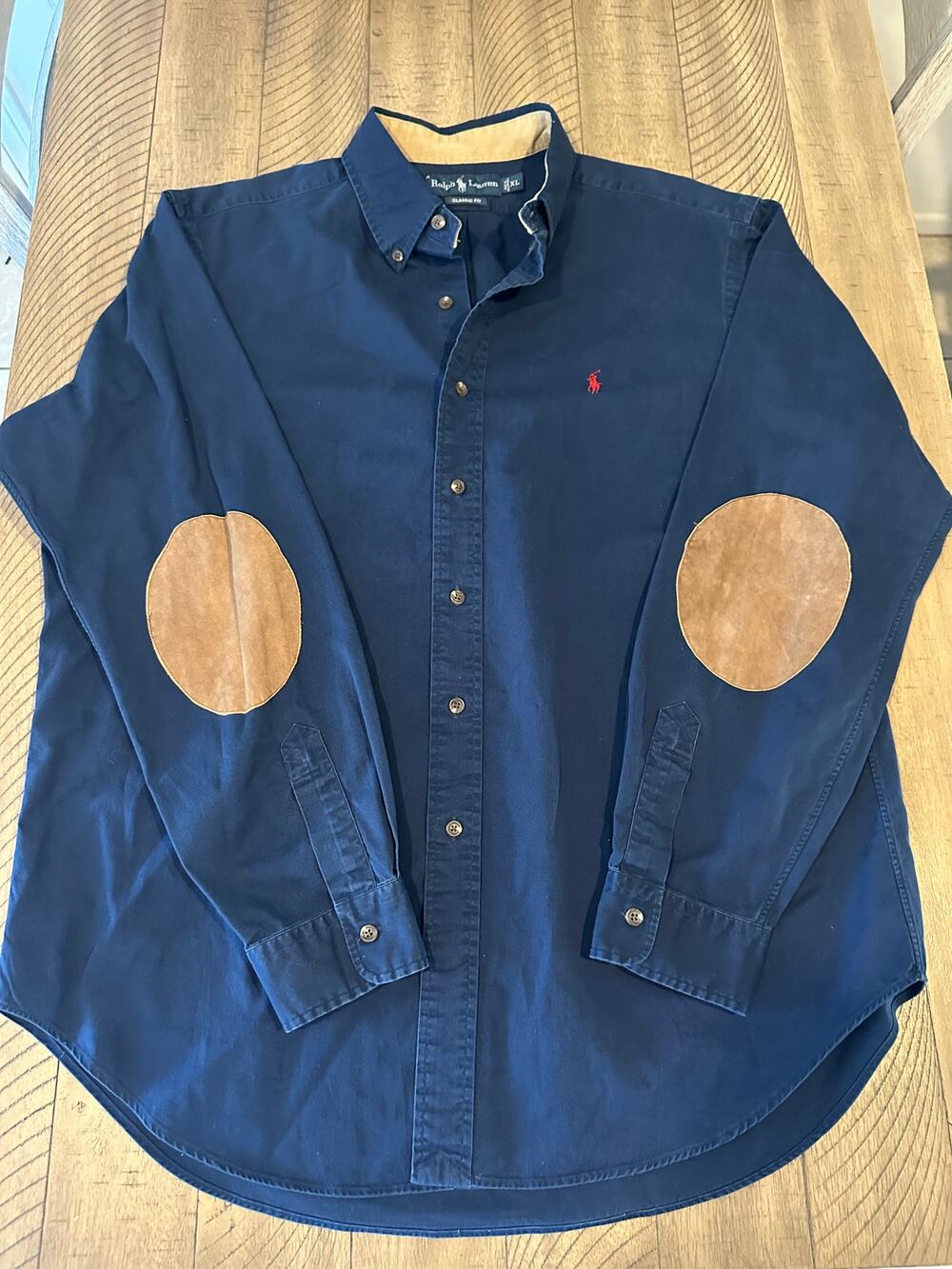 Ralph Lauren Mens XL Blue Elbow Patch Long Sleeve Button Down Shirt Cotton